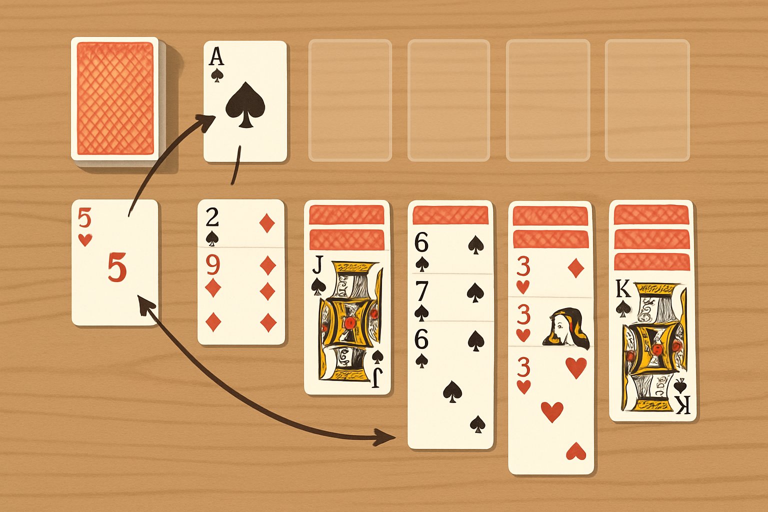 Una disposizione ordinata di carte da gioco su un tavolo che mostra le fasi principali per giocare a Solitario.