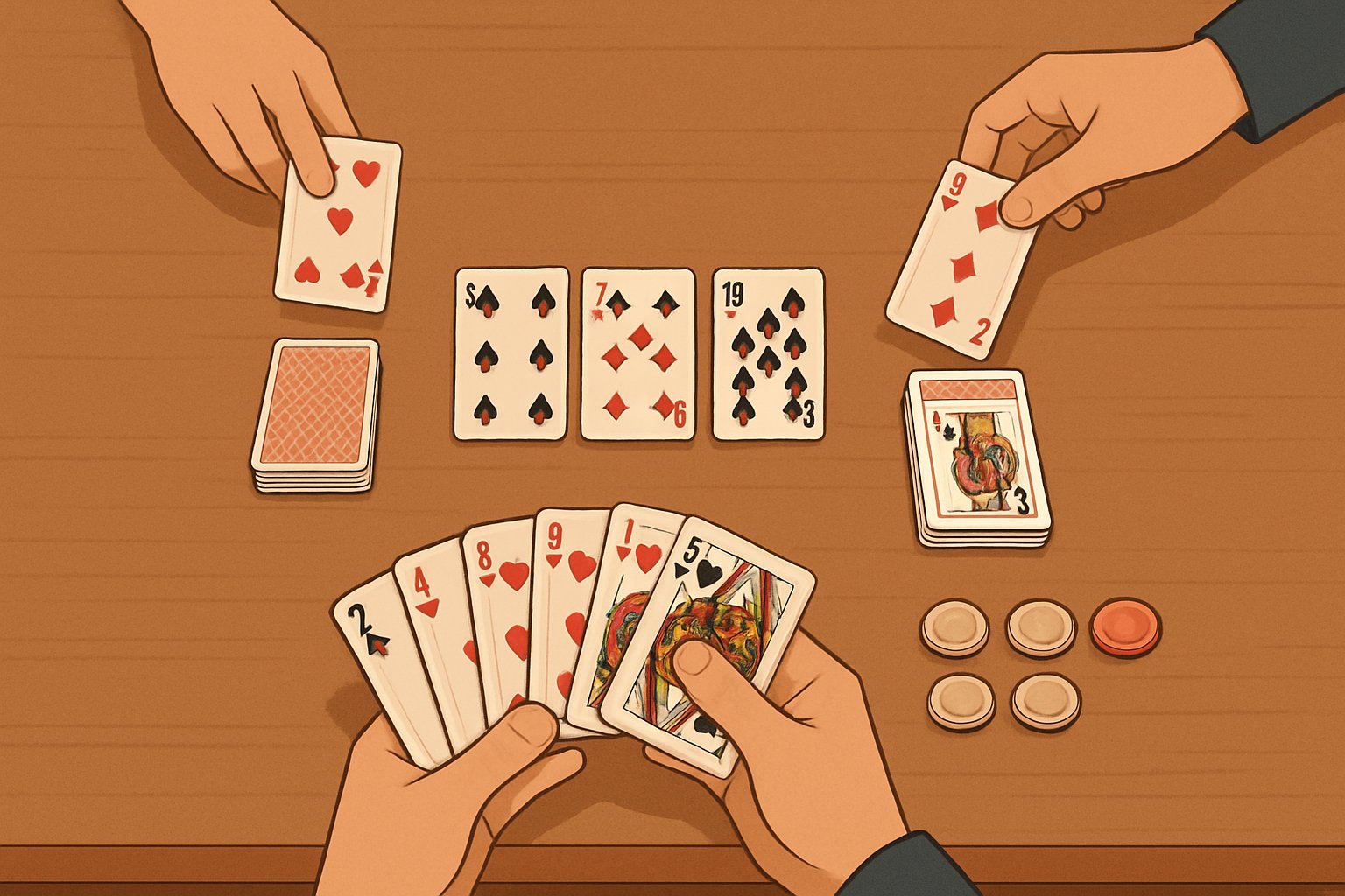 Persone che giocano a Scala Quaranta attorno a un tavolo con carte, mostrando le fasi di gioco come pescare, formare combinazioni e scartare.