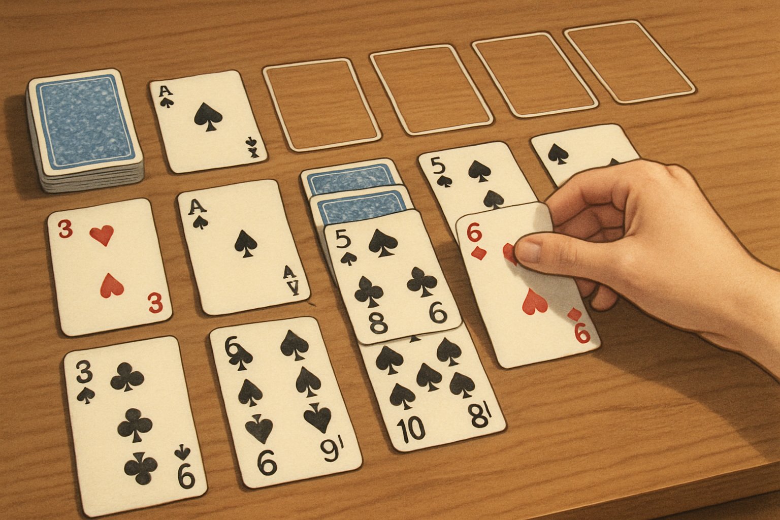 Mano che sposta una carta in una partita di Solitario con carte da gioco disposte su un tavolo.