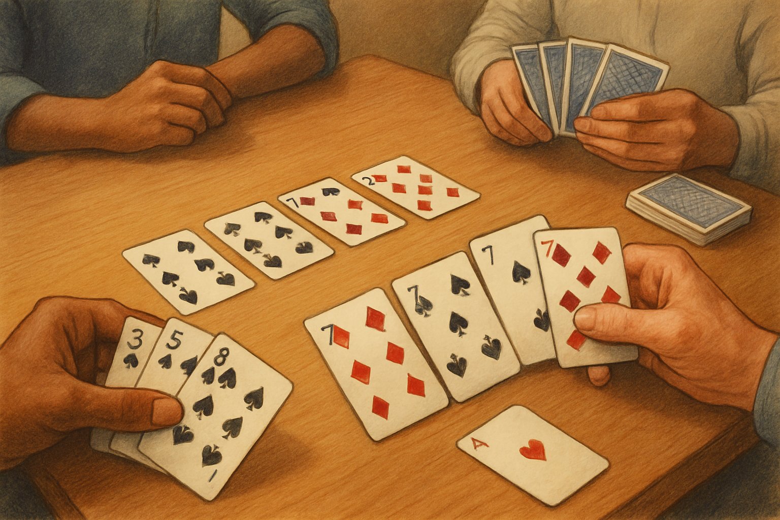 Un tavolo con carte da gioco disposte in combinazioni per Scala Quaranta, con mani di giocatori che tengono e posano le carte durante una partita.