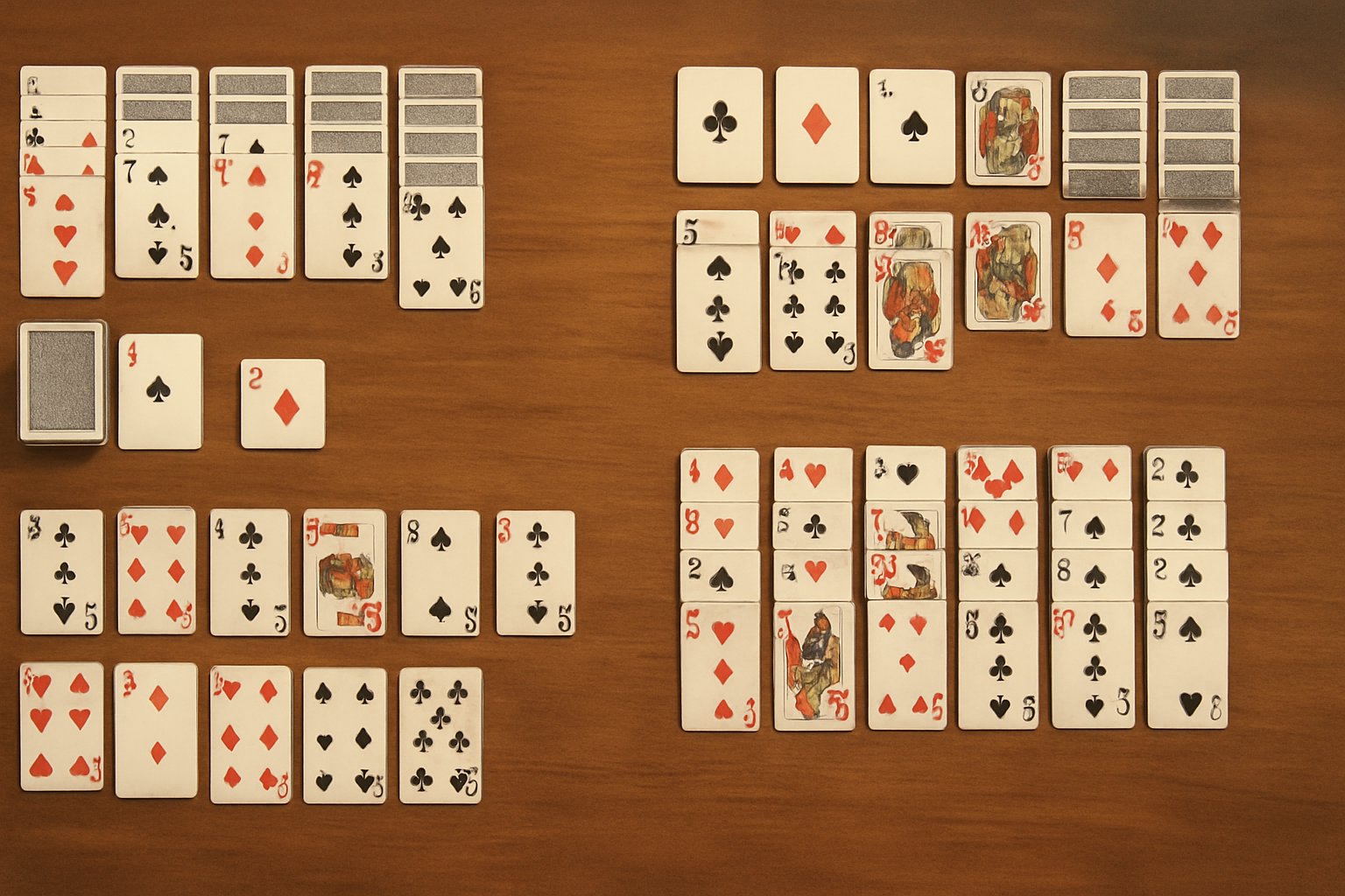 Tavolo con diverse disposizioni di carte da gioco che mostrano varianti principali del gioco del Solitario.
