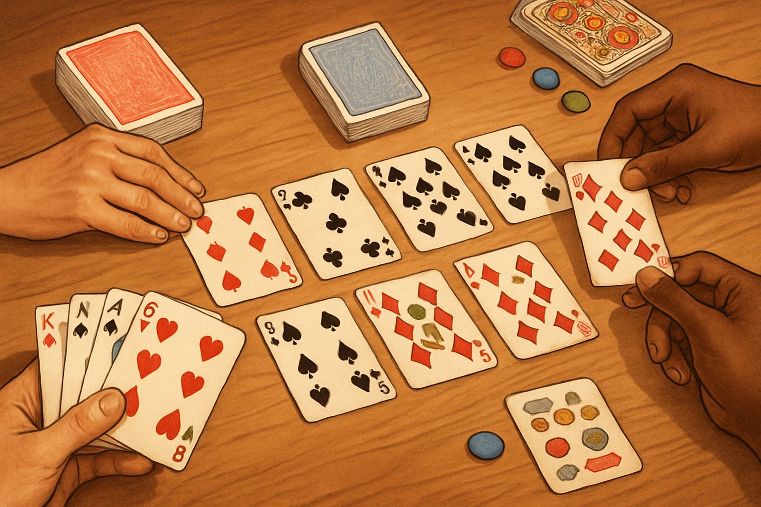 Persone che giocano a Scala Quaranta con carte disposte su un tavolo di legno, mostrando mani che pescano e scartano carte.