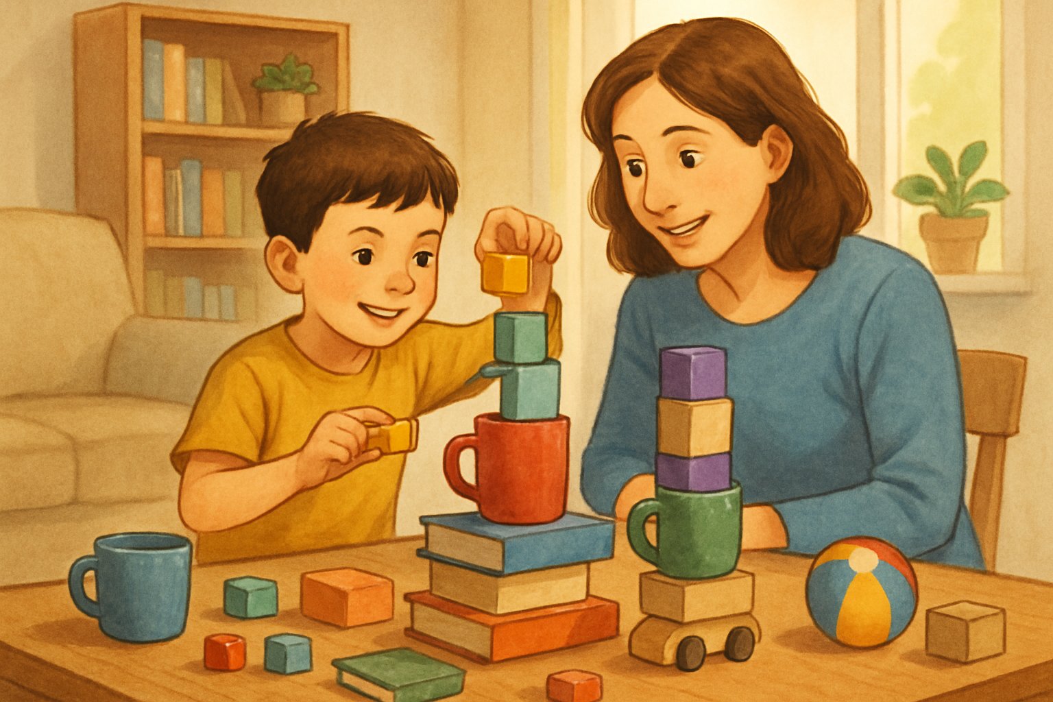 Un bambino e un adulto costruiscono una torre usando oggetti casalinghi su un tavolo in una stanza luminosa e accogliente.