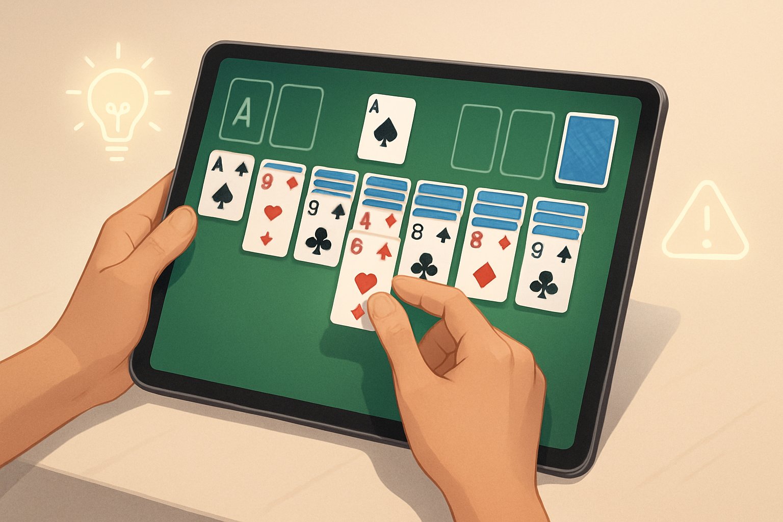 Una persona che gioca a Solitario su un tablet, con le mani che spostano le carte sullo schermo digitale.