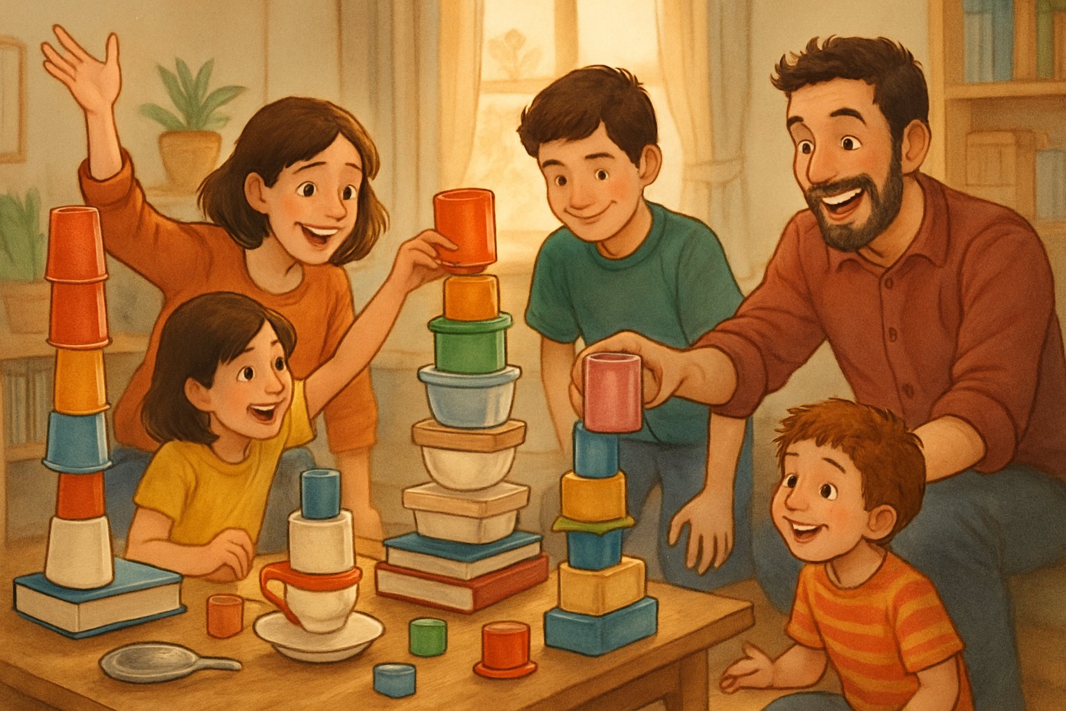 Persone che costruiscono torri usando oggetti casalinghi in un soggiorno accogliente.