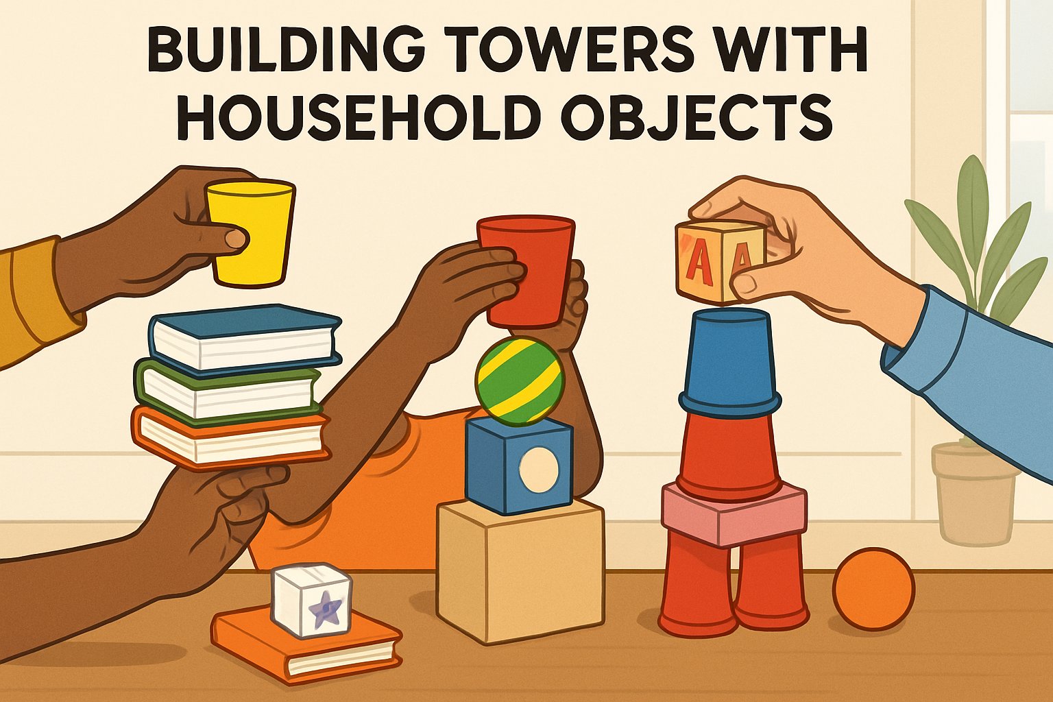 Persone che costruiscono torri con oggetti casalinghi su un tavolo in un ambiente interno luminoso.