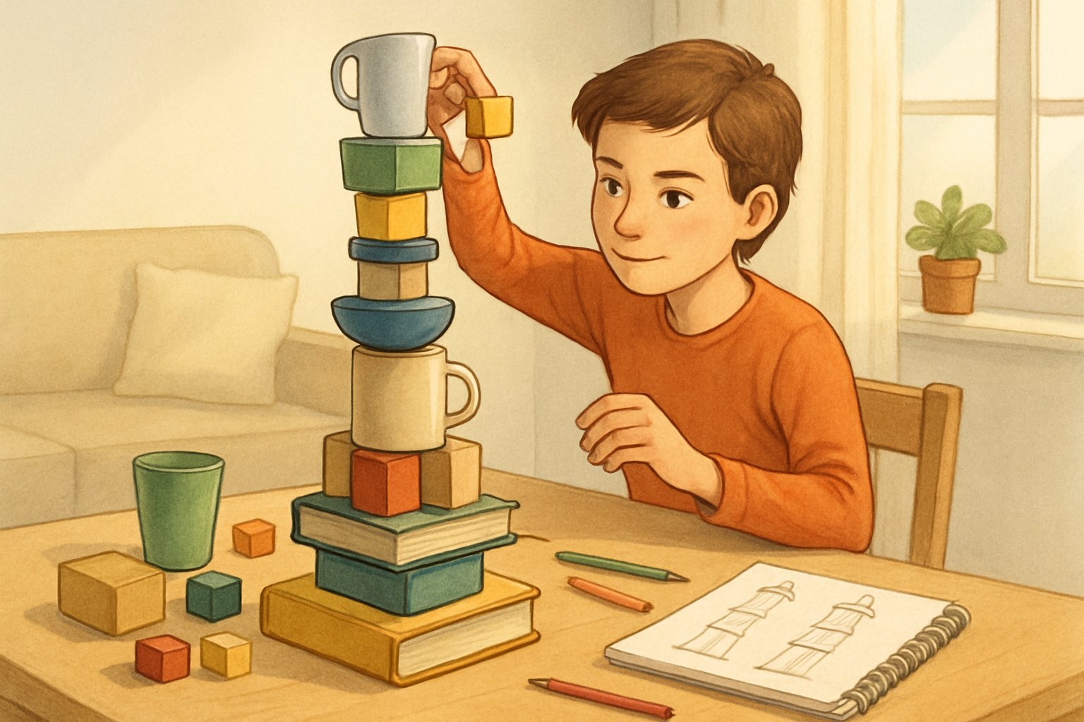 Una persona costruisce una torre usando oggetti comuni della casa su un tavolo, circondata da materiali creativi e di apprendimento.