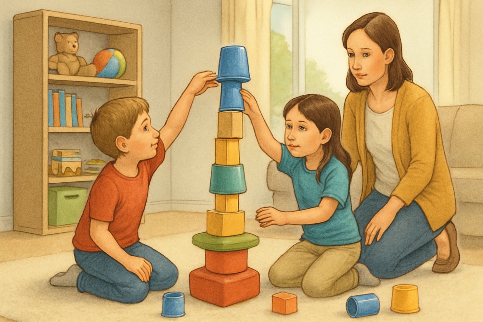 Due bambini costruiscono una torre con oggetti casalinghi sotto la supervisione attenta di un adulto in un ambiente interno sicuro e ordinato.