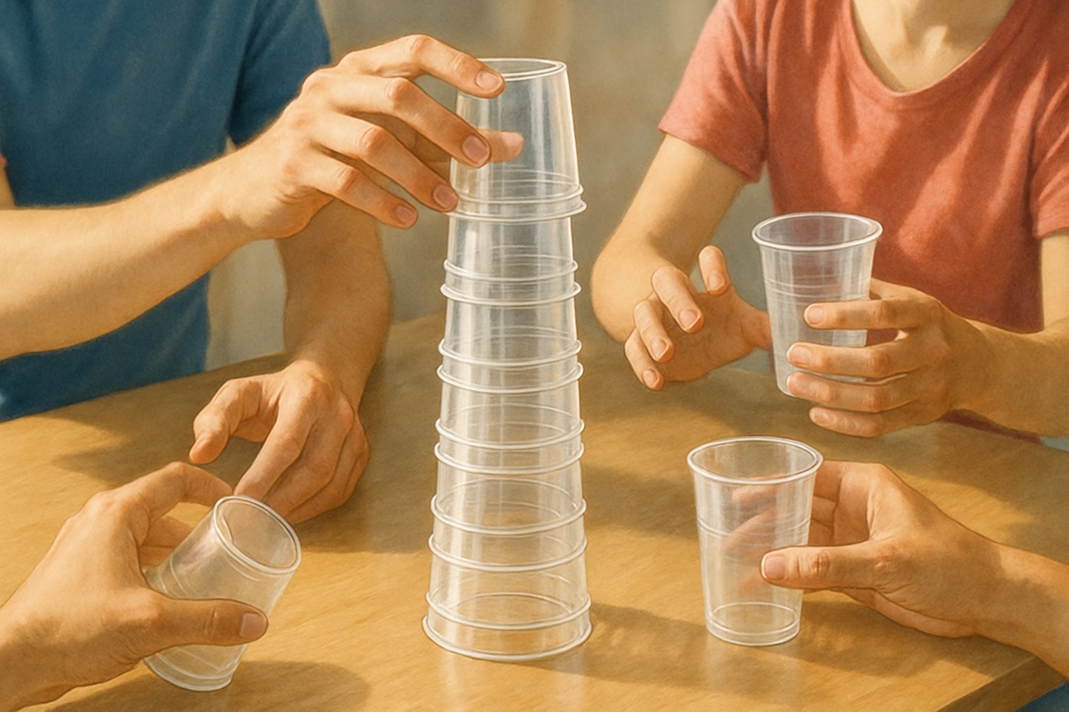 Mani che impilano e sfilarono bicchieri di plastica trasparente su un tavolo di legno.
