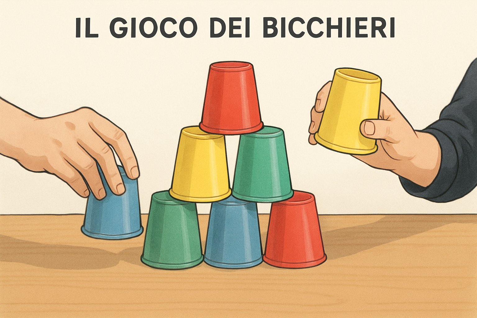 Due mani che impilano e sfilarano bicchieri colorati su un tavolo di legno, mostrando come si gioca a Il Gioco dei Bicchieri.