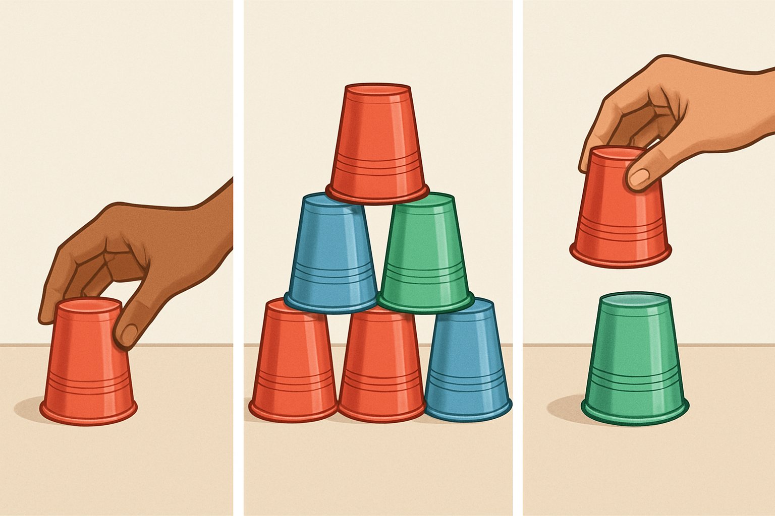 Mani che impilano e sfilarono bicchieri di plastica colorati su un tavolo in una sequenza passo dopo passo.