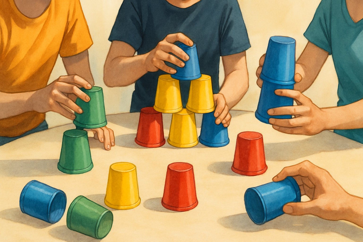 Mani di diverse persone che impilano e sfilano bicchieri colorati su un tavolo.