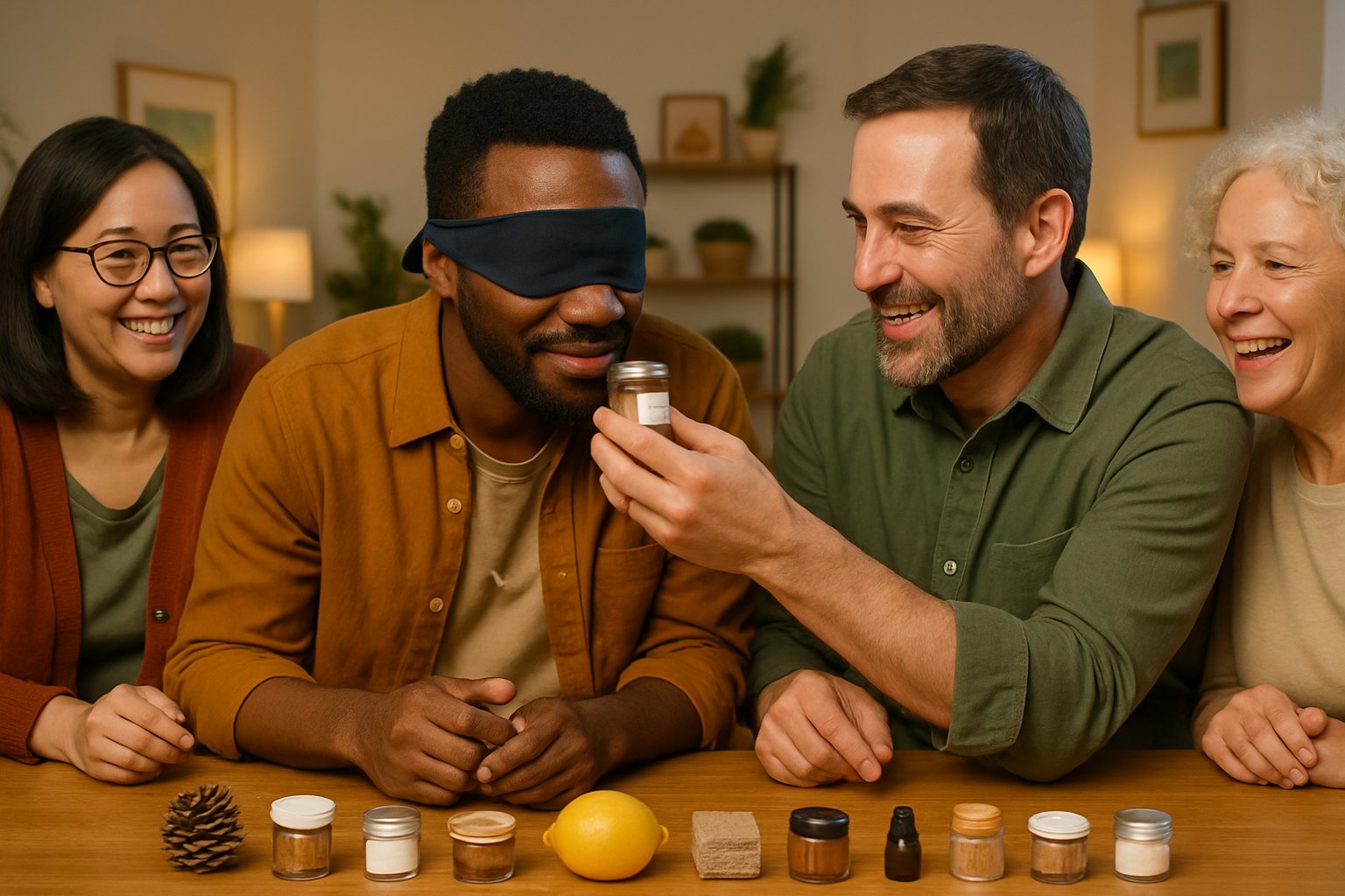 Persone sedute intorno a un tavolo che giocano a indovinare odori con una persona bendata che annusa un contenitore mentre gli altri osservano sorridendo.