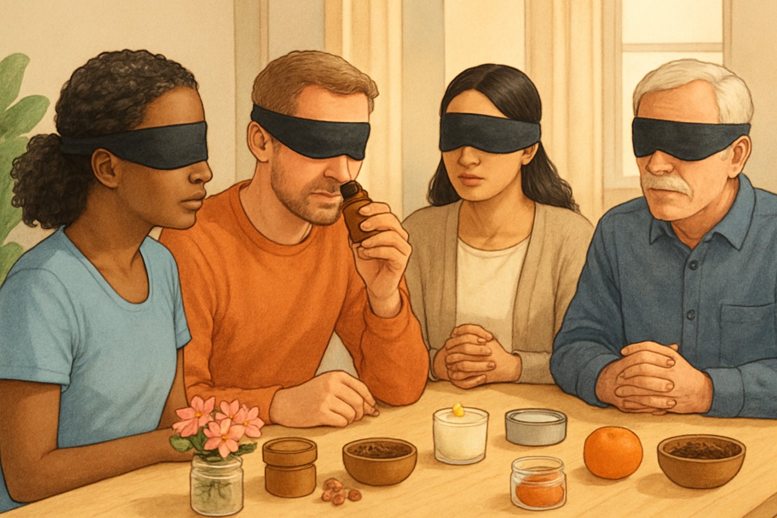 Persone bendate sedute attorno a un tavolo che cercano di indovinare odori da vari oggetti.