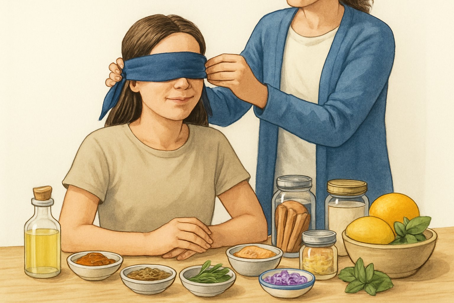 Una persona che bendata viene preparata da un'altra vicino a un tavolo con contenitori di spezie, erbe e frutti per un gioco di indovinare gli odori.