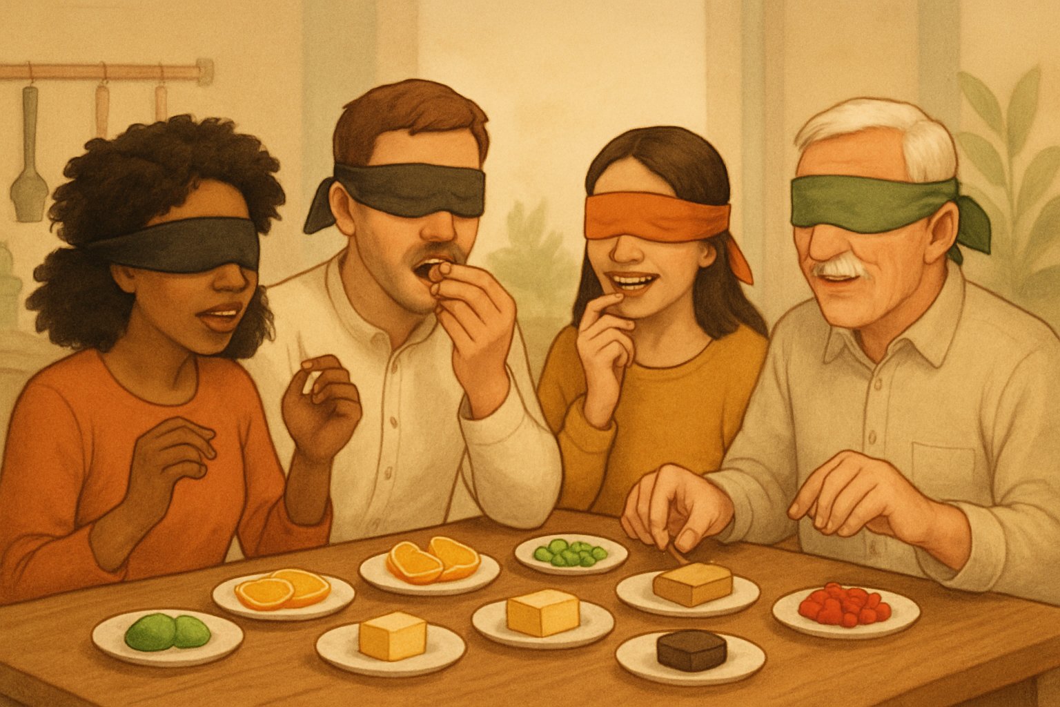 Persone bendate sedute intorno a un tavolo che assaggiano diversi cibi per un gioco di indovinare il sapore.