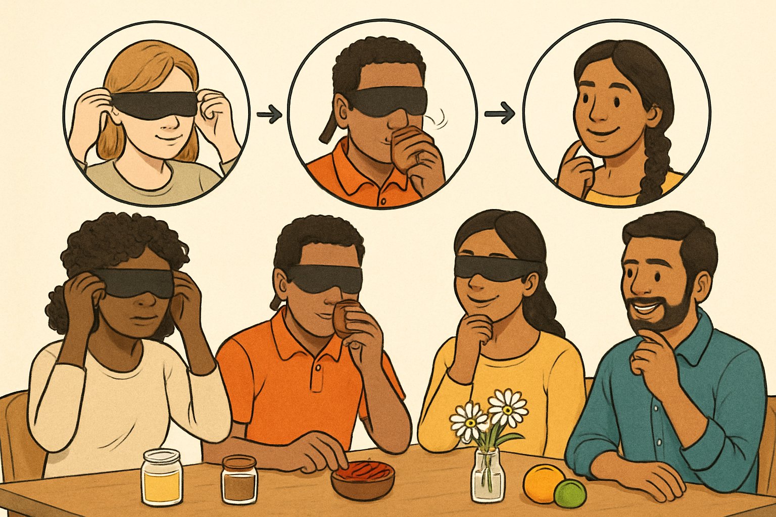 Persone bendate sedute attorno a un tavolo che annusano diversi oggetti per giocare a Indovina l'Odore.