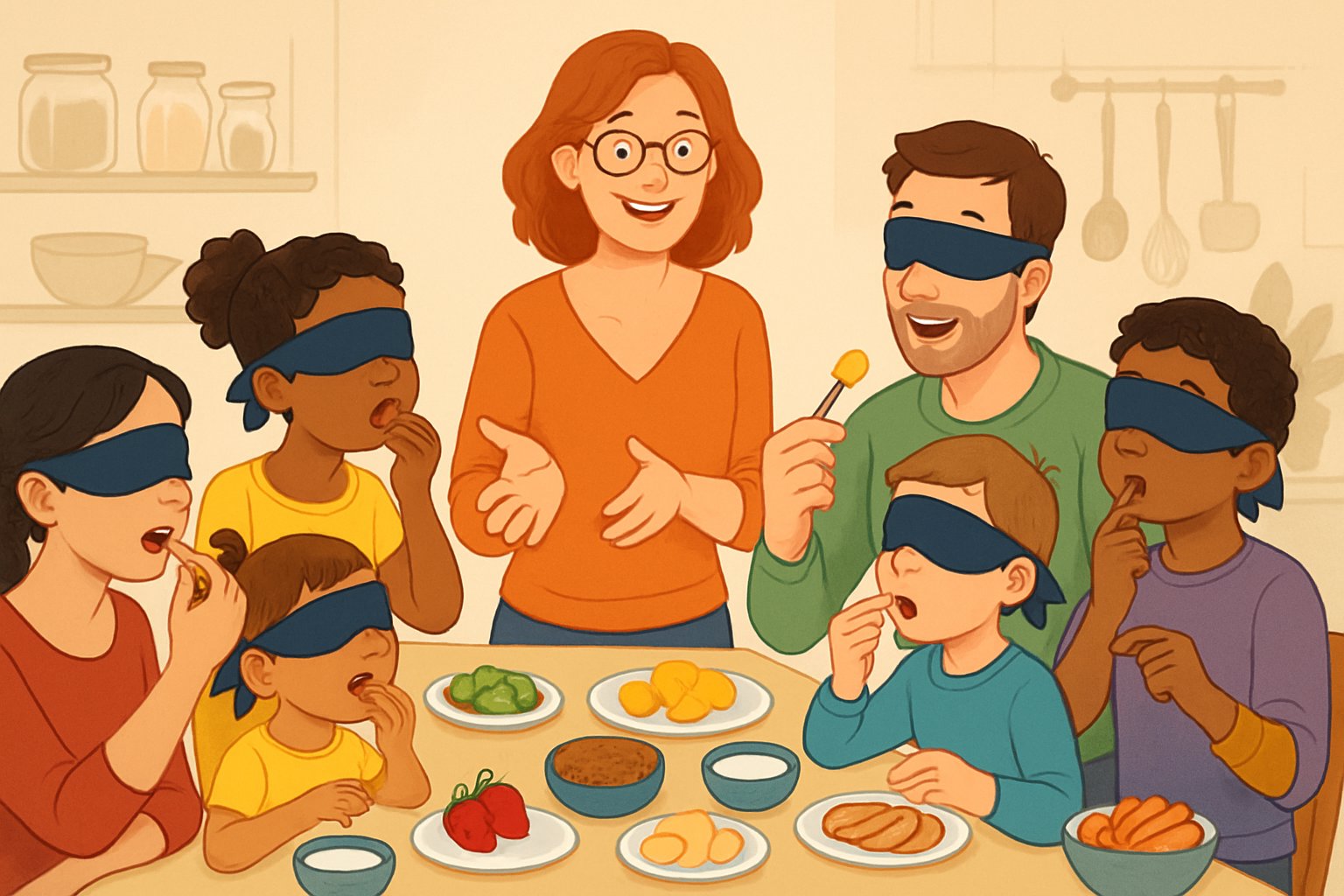 Persone bendate sedute attorno a un tavolo che assaggiano diversi cibi mentre partecipano a un gioco di indovinare i sapori, con un facilitatore che li guida in una cucina accogliente.