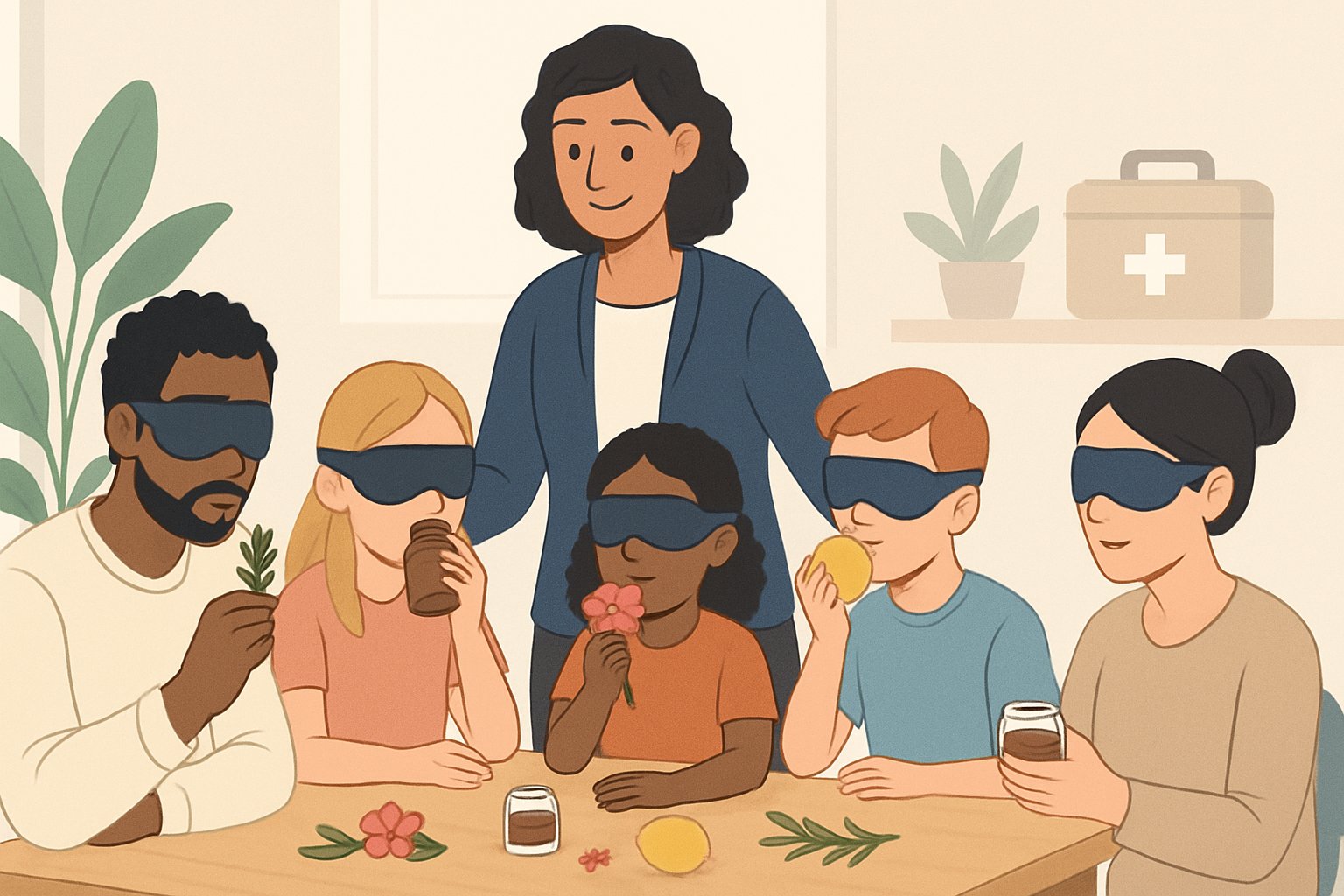Persone di diverse età bendate sedute attorno a un tavolo che partecipano a un gioco sensoriale con oggetti profumati, guidati da un adulto che assicura la sicurezza e dà consigli.