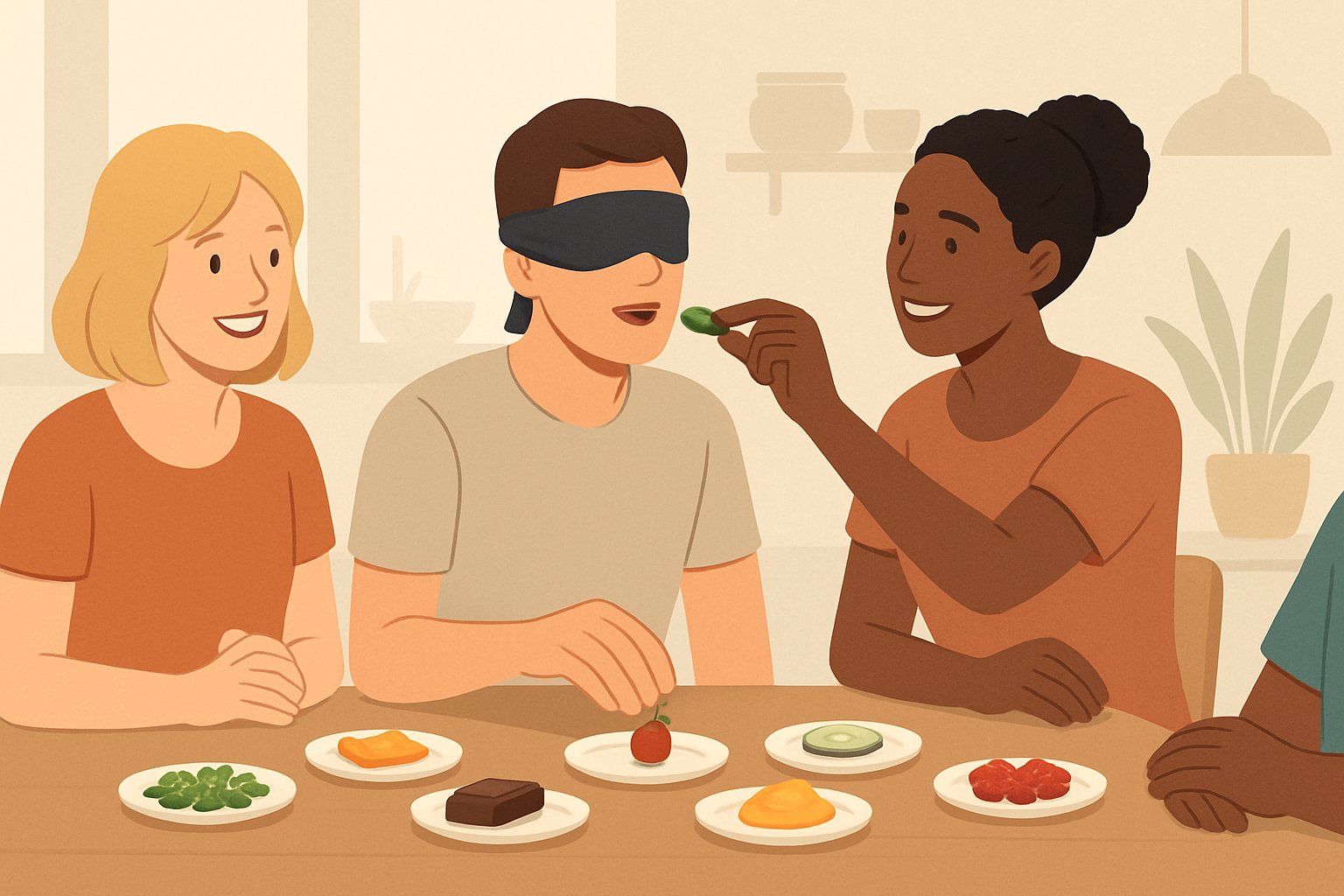 Persone sedute intorno a un tavolo che giocano a indovinare il sapore di cibi bendati, con piatti di cibo davanti a loro.