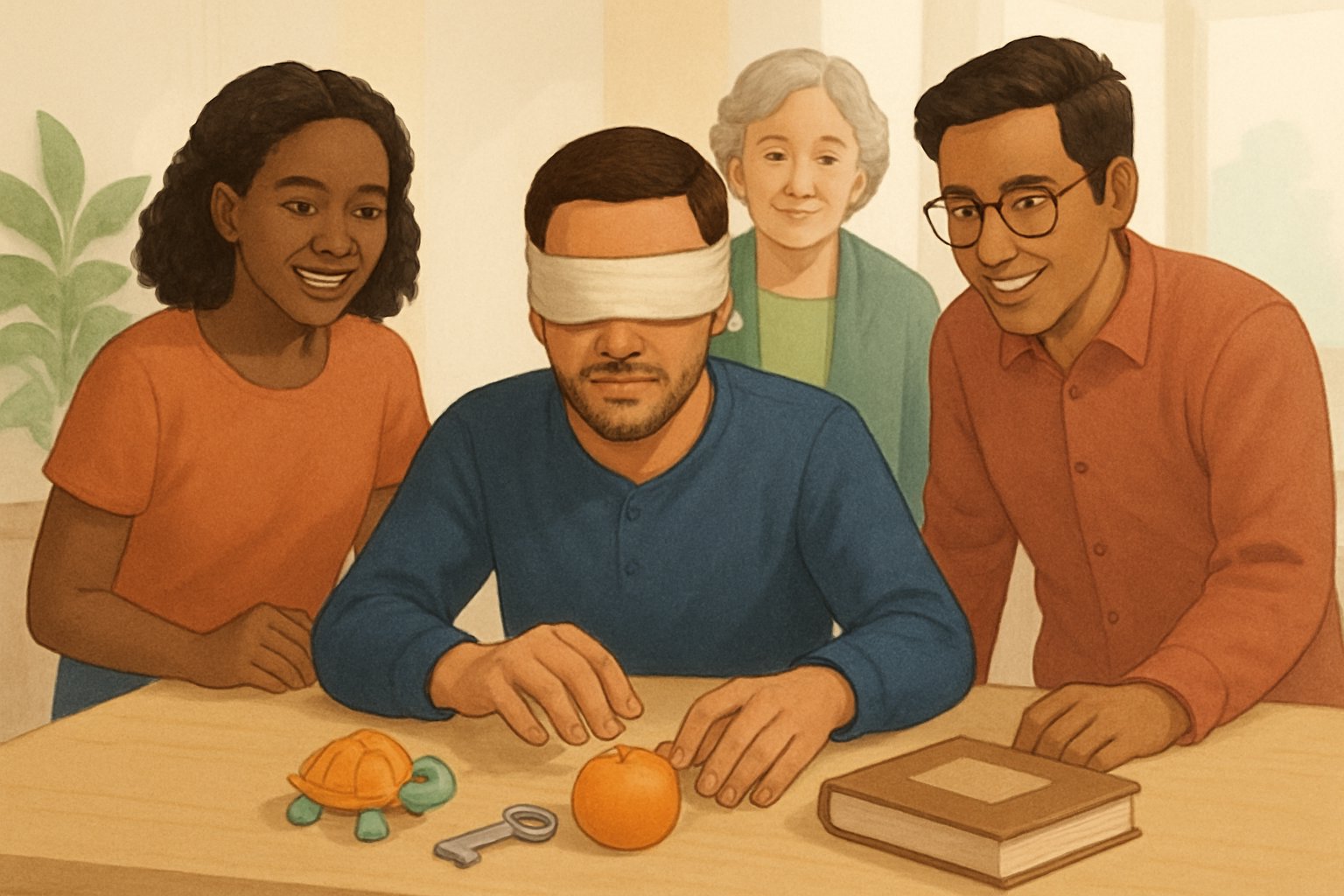 Persone che giocano a un gioco in cui una persona bendata tocca oggetti per riconoscerli mentre gli altri osservano.