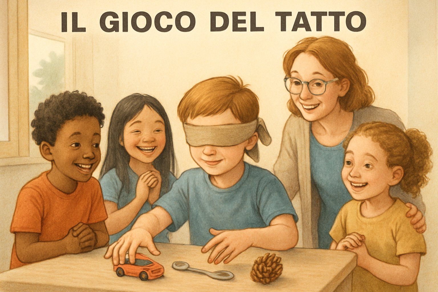 Bambini e un adulto giocano a Il Gioco del Tatto, con un bambino bendato che tocca oggetti su un tavolo mentre gli altri lo osservano sorridendo.