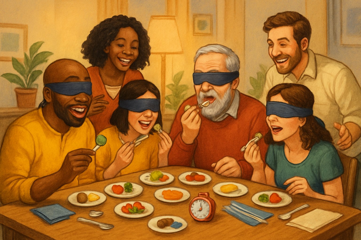 Persone che giocano a un gioco di assaggio cibi bendati attorno a un tavolo in una stanza accogliente.