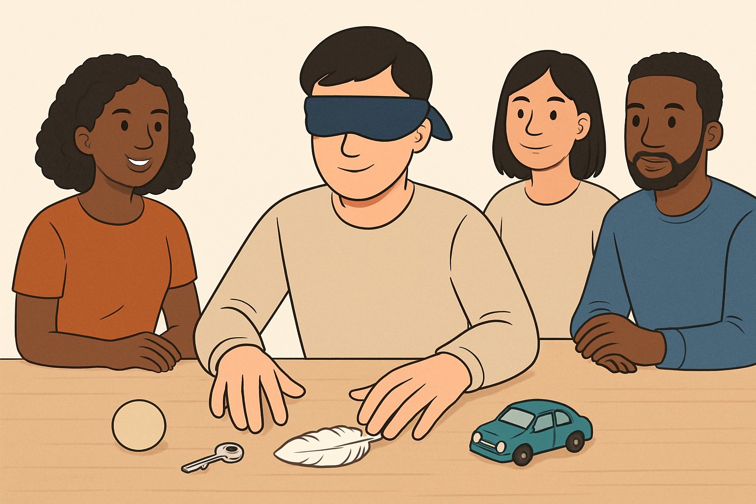 Persone sedute attorno a un tavolo, una persona bendata che tocca vari oggetti per riconoscerli con il tatto.