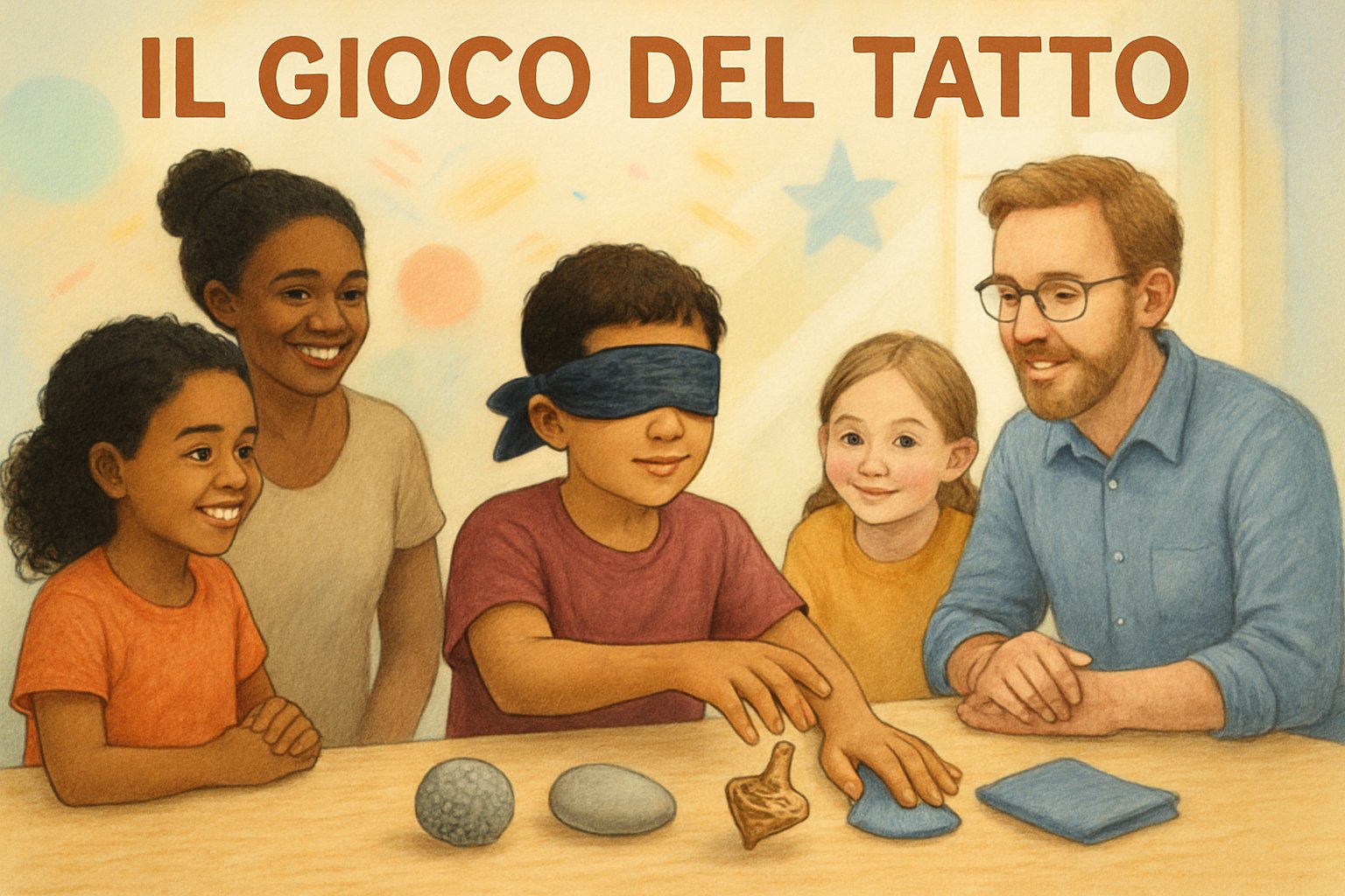 Persone che giocano a riconoscere oggetti bendati toccandoli su un tavolo, in un ambiente luminoso e accogliente.