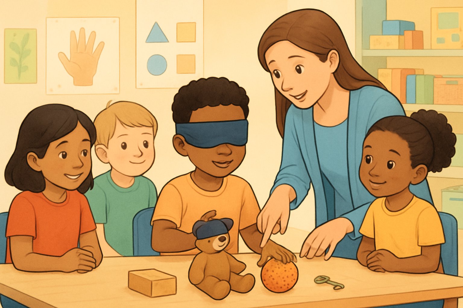 Bambini in una classe che giocano a riconoscere oggetti bendati toccandoli, con un insegnante che li guida.