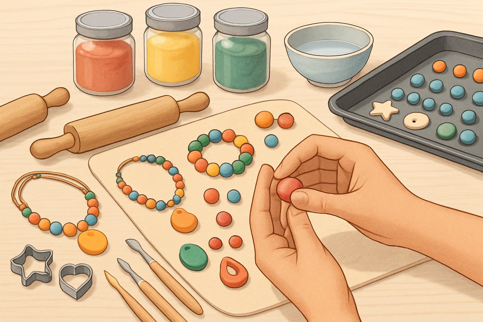 Una persona che crea gioielli con pasta di sale su un tavolo con strumenti e materiali per modellare.