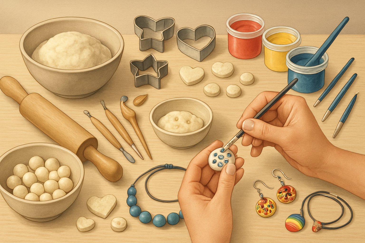 Una postazione di lavoro con materiali e strumenti per creare gioielli usando pasta di sale, con pezzi di pasta modellati e gioielli finiti in vista.