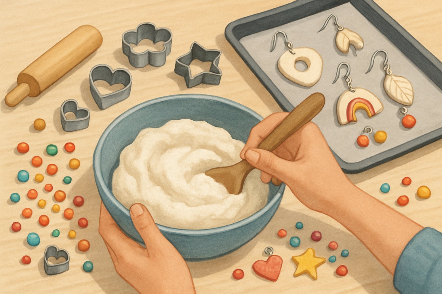 Mani che preparano pasta di sale su un tavolo con strumenti per creare gioielli e pezzi di gioielli in pasta di sale in asciugatura.