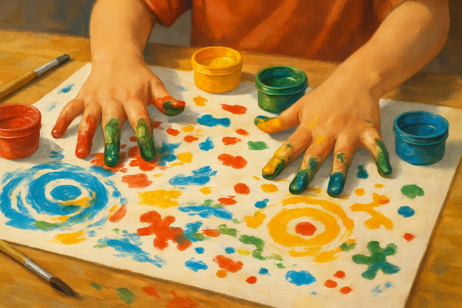 Mani di un bambino che dipingono con le dita su un foglio bianco con colori vivaci e contenitori di pittura intorno.