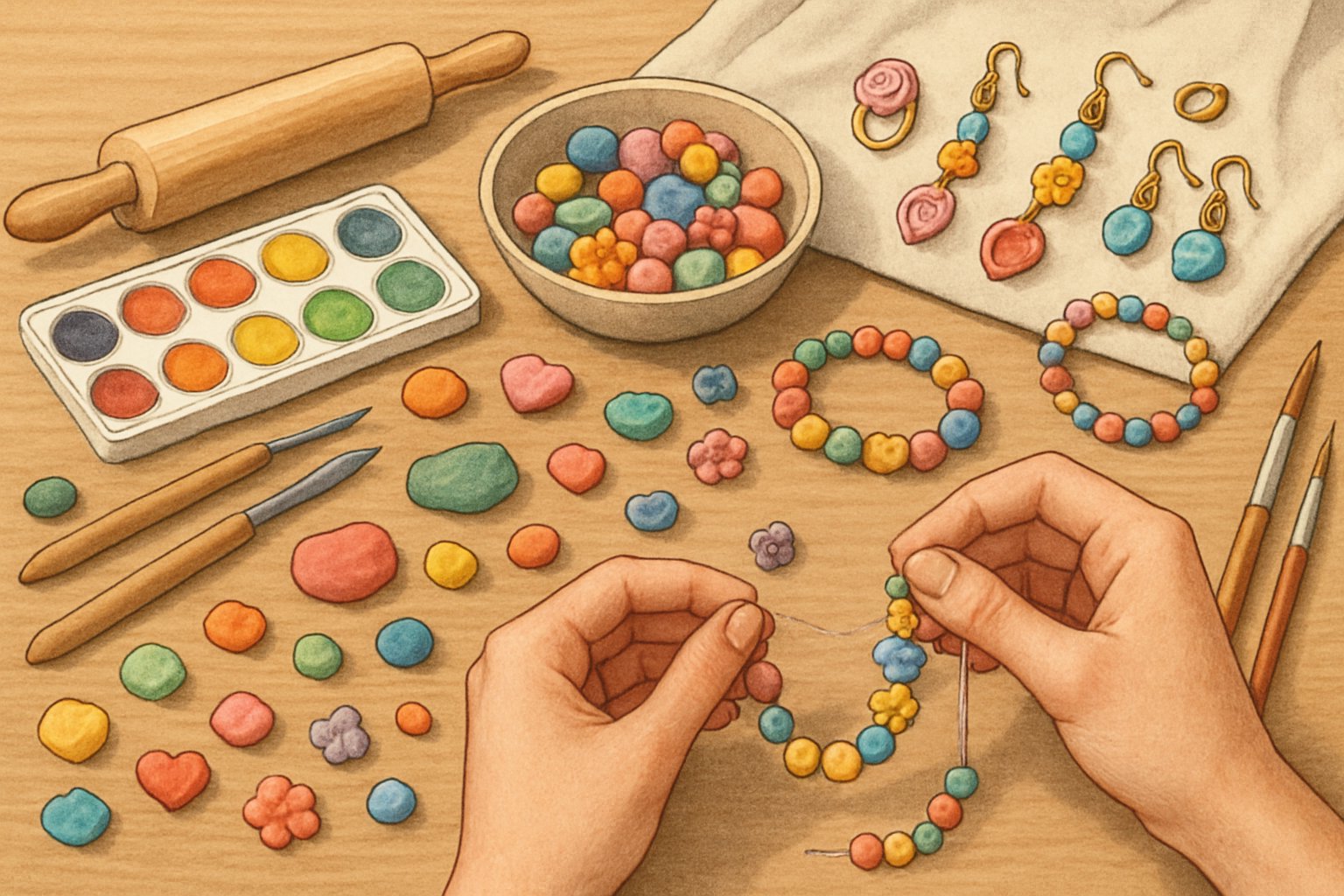 Un tavolo da lavoro con mani che creano gioielli usando pasta di sale colorata e strumenti per modellare, con gioielli finiti esposti sullo sfondo.