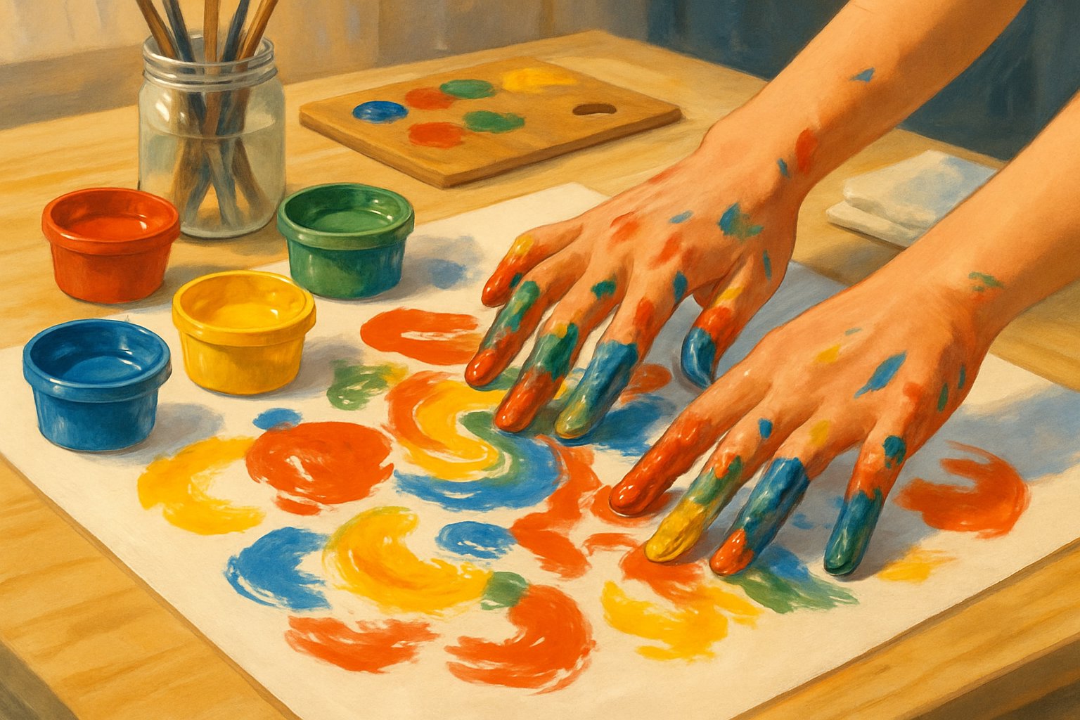 Mani che dipingono con le dita su un foglio bianco con colori vivaci e barattoli di pittura intorno.