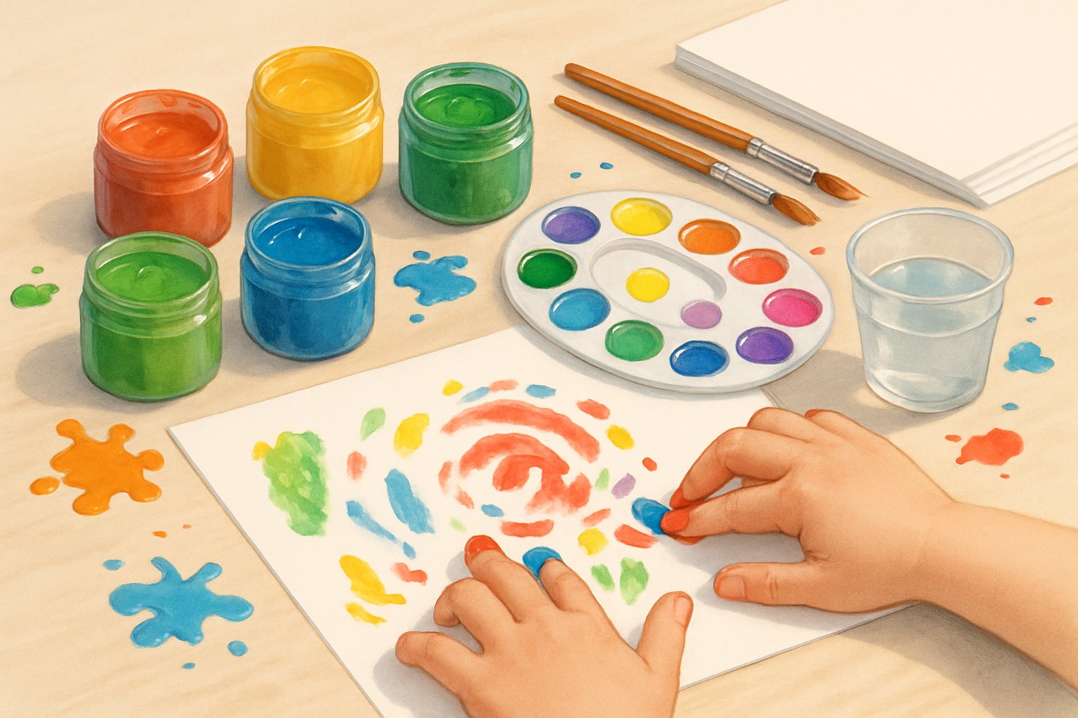 Mani di un bambino che dipingono con le dita su un foglio bianco, con barattoli di colori vivaci e materiali per dipingere intorno.