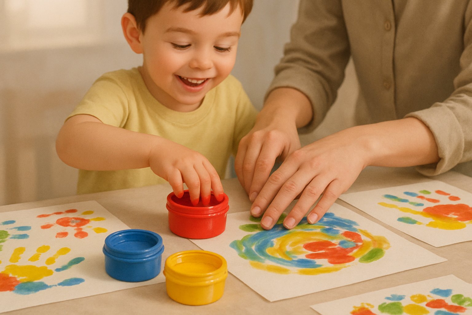 Un bambino e un adulto che dipingono con le dita insieme su un tavolo con colori vivaci e fogli dipinti.