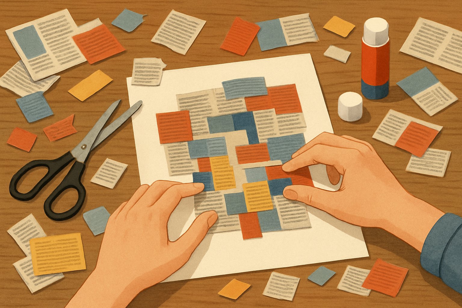Mani che creano un collage con ritagli di giornale su un tavolo con forbici e colla.