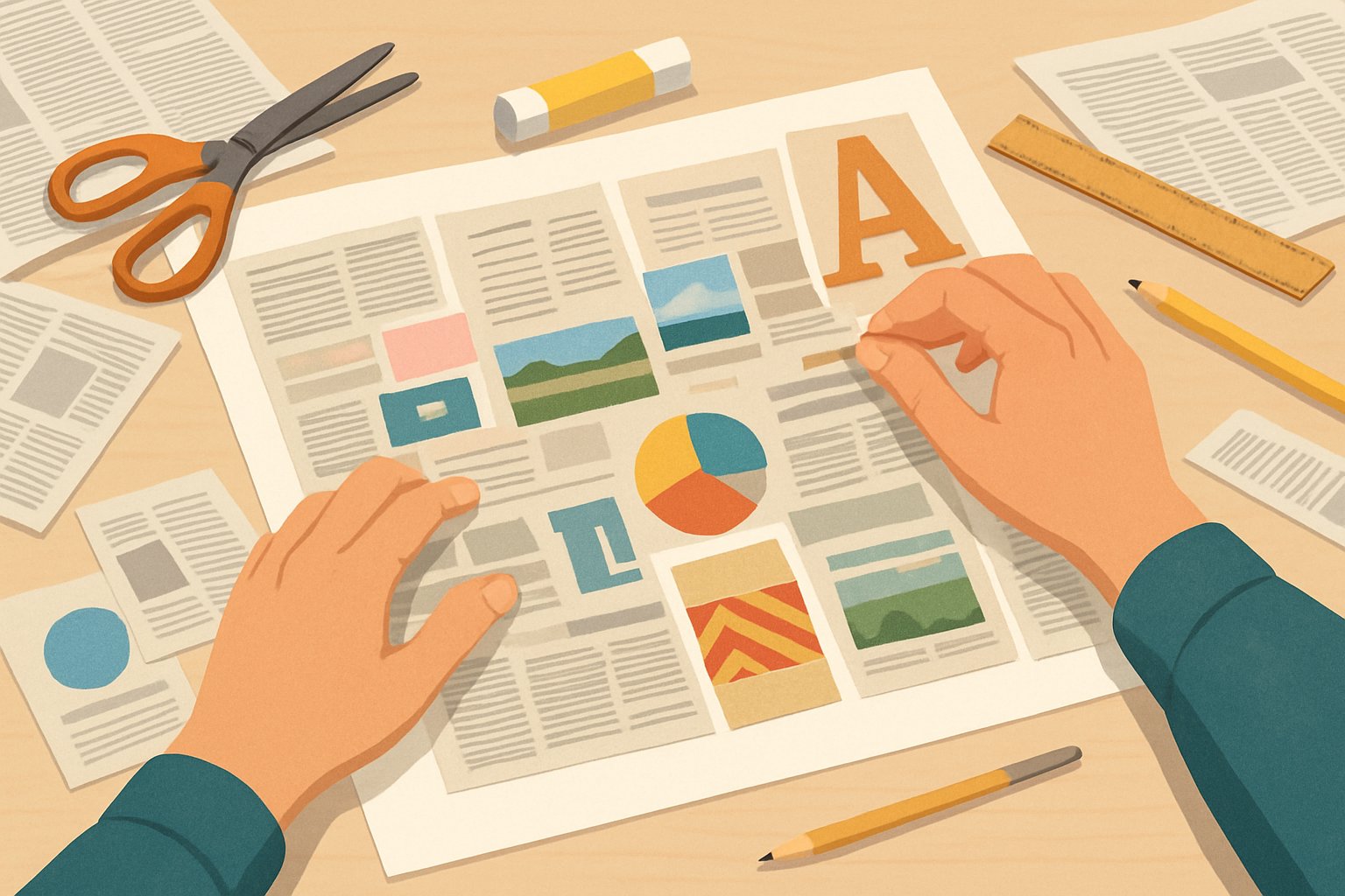 Mani che creano un collage con ritagli di giornale su un tavolo con forbici e colla.