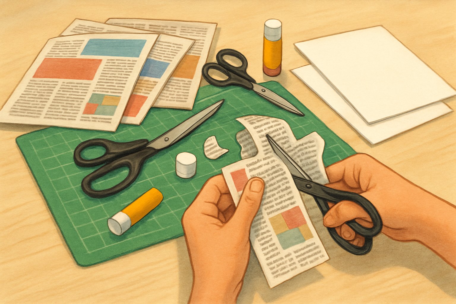 Un tavolo da lavoro ordinato con materiali per collage, tra cui forbici, colla, ritagli di giornale e fogli bianchi, con mani che ritagliano pezzi di giornale.