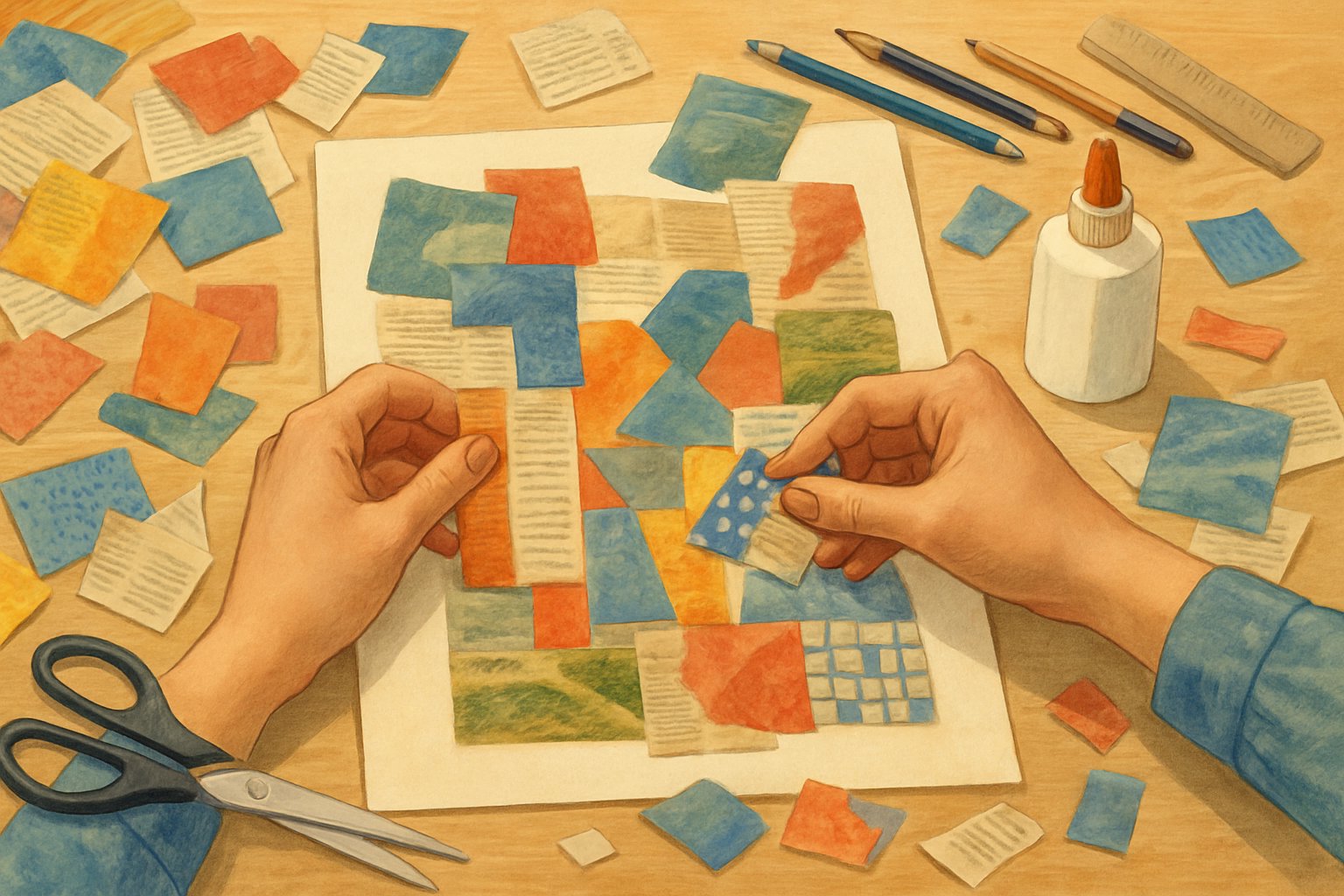 Mani che creano un collage con ritagli di giornale su un tavolo con strumenti da lavoro.