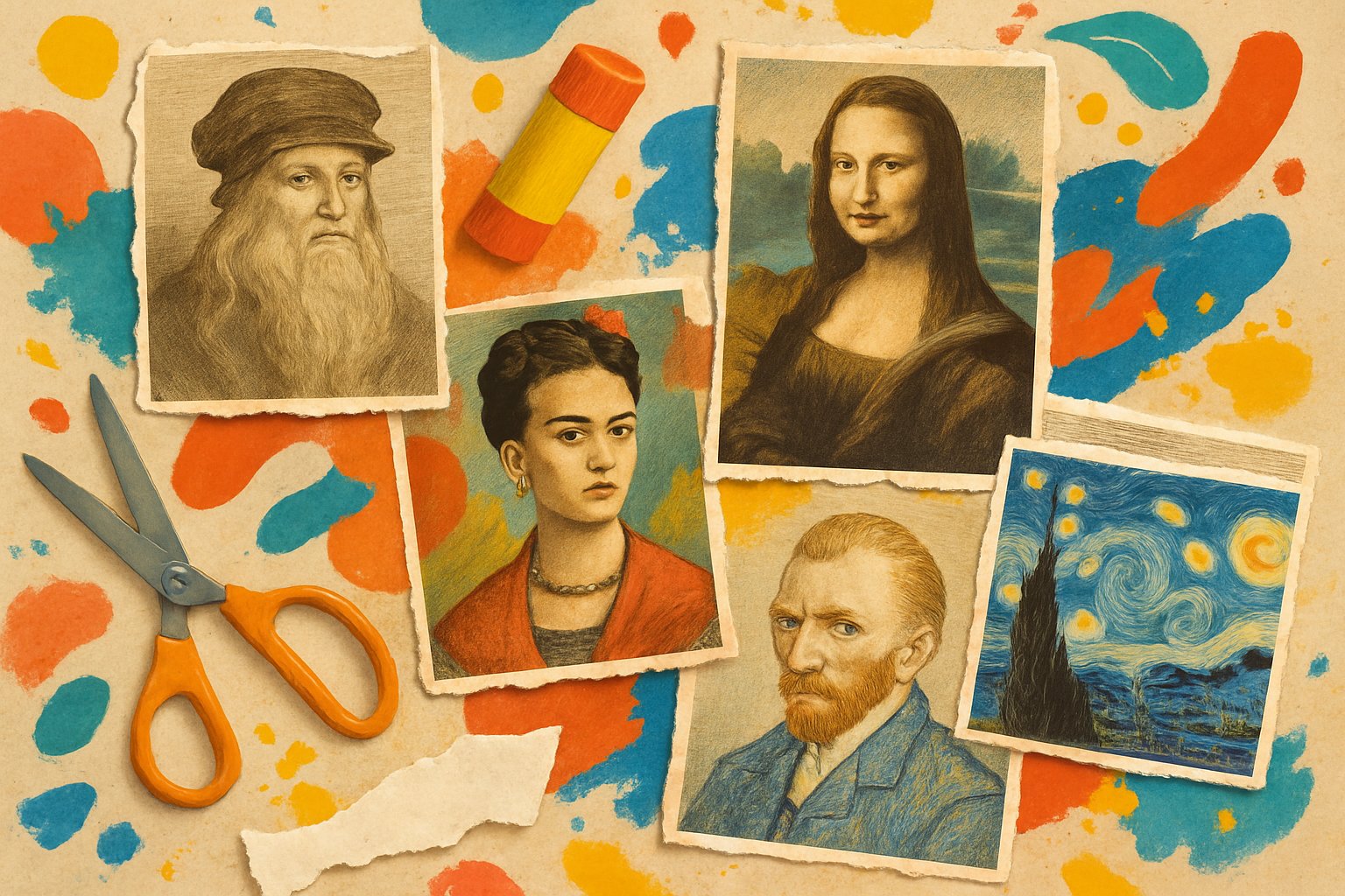 Una composizione di ritagli di giornale con immagini di artisti famosi e opere d'arte, insieme a strumenti per creare collage come forbici e colla.