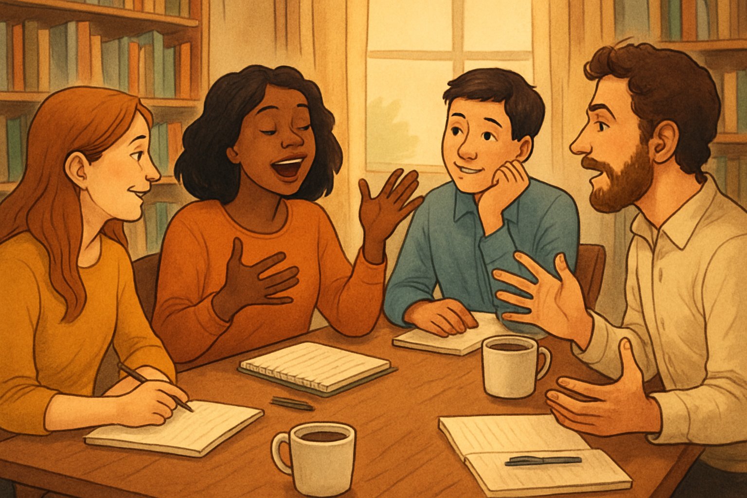 Un gruppo di persone sedute attorno a un tavolo che raccontano storie a turno, con espressioni animate e un ambiente accogliente.