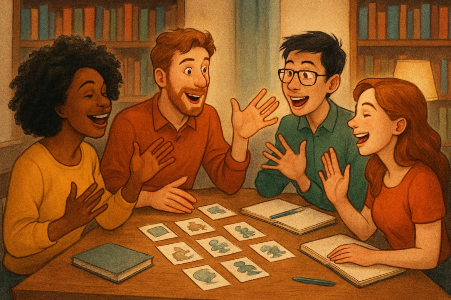 Un gruppo di persone sedute attorno a un tavolo che raccontano storie a turno con espressioni felici e gesti animati.