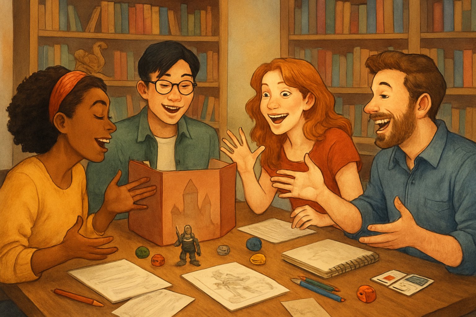 Un gruppo di persone sedute attorno a un tavolo che raccontano storie a turno, in una stanza accogliente con libri e oggetti di gioco sul tavolo.