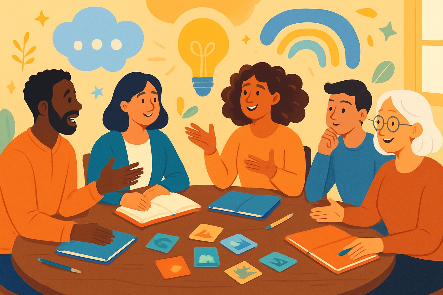 Un gruppo di persone sedute attorno a un tavolo che raccontano storie inventate a turno, con materiali creativi sul tavolo e un'atmosfera collaborativa.