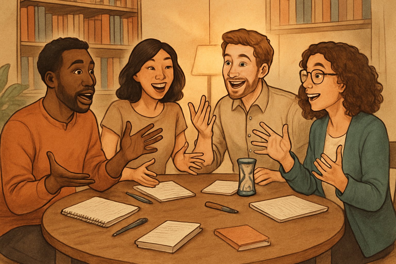 Quattro persone sedute attorno a un tavolo che raccontano storie a turno in un ambiente accogliente e luminoso.