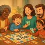 Persone di diverse età sedute attorno a un tavolo che giocano insieme a un gioco da tavolo, sorridendo e interagendo in un ambiente accogliente.