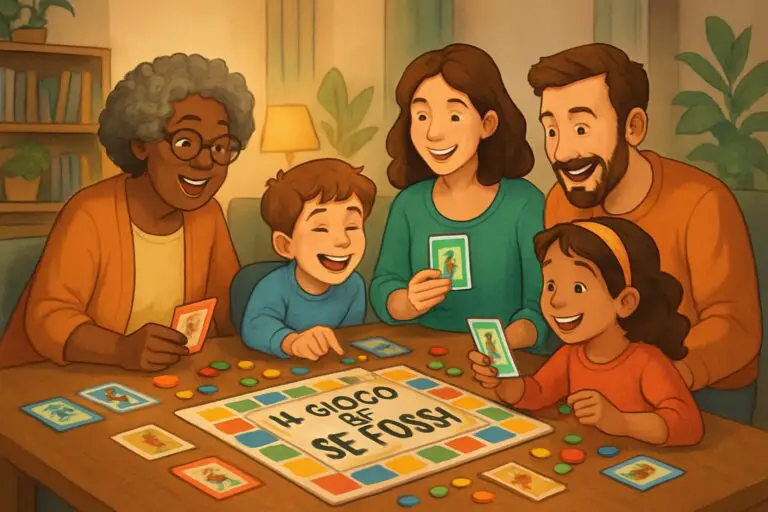 Persone di diverse età sedute attorno a un tavolo che giocano insieme a un gioco da tavolo, sorridendo e interagendo in un ambiente accogliente.